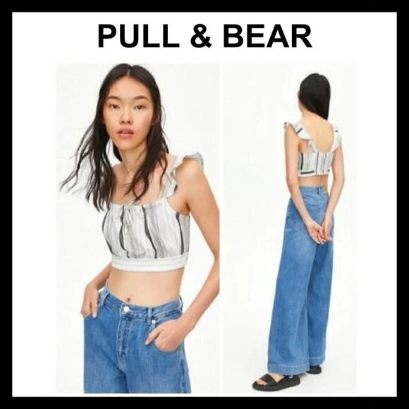 NWT PULL&BEAR stripes ruffle linen boho festival crop top - Picture 1 of 13